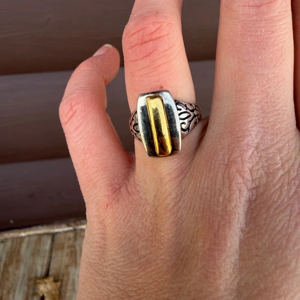 Silver & Gold Two Tone Mixed Metal Statement Ring Sz 7.5-8 Boho Artisan Filigree